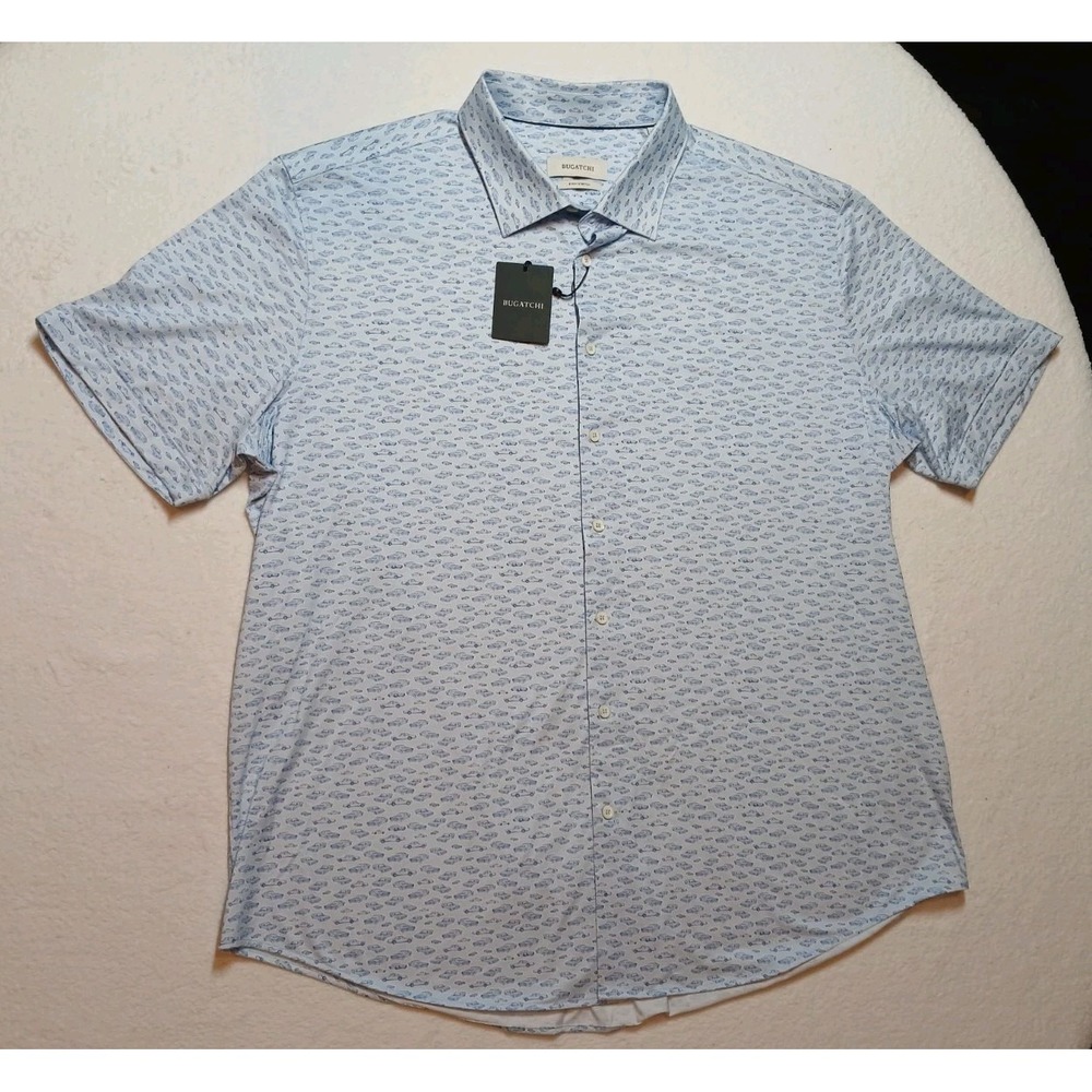 BUGATCHI Men's Shirt 3XL NWT Blue Micro Print Short Sleeve Button Up $179 MSRP